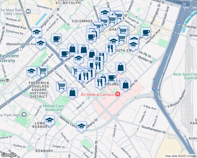 map of restaurants, bars, coffee shops, grocery stores, and more near 19 East Concord Street in Boston