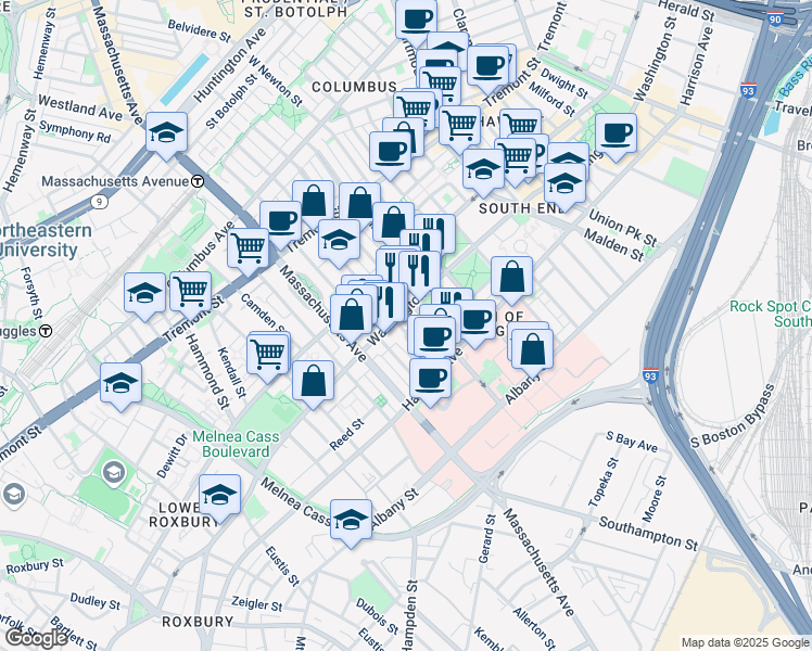 map of restaurants, bars, coffee shops, grocery stores, and more near 19 East Concord Street in Boston