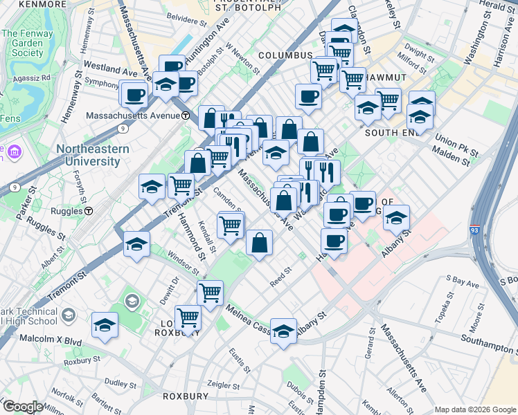 map of restaurants, bars, coffee shops, grocery stores, and more near 179 Northampton Street in Boston