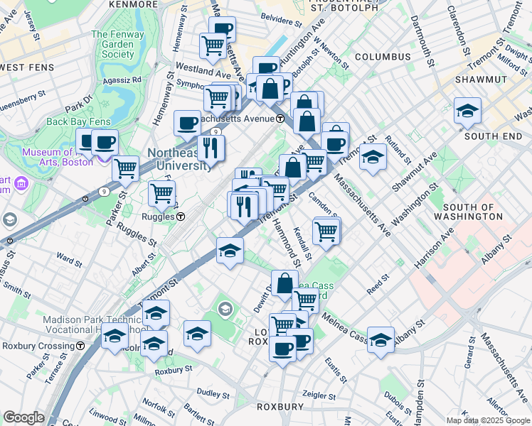 map of restaurants, bars, coffee shops, grocery stores, and more near 724 Columbus Avenue in Boston