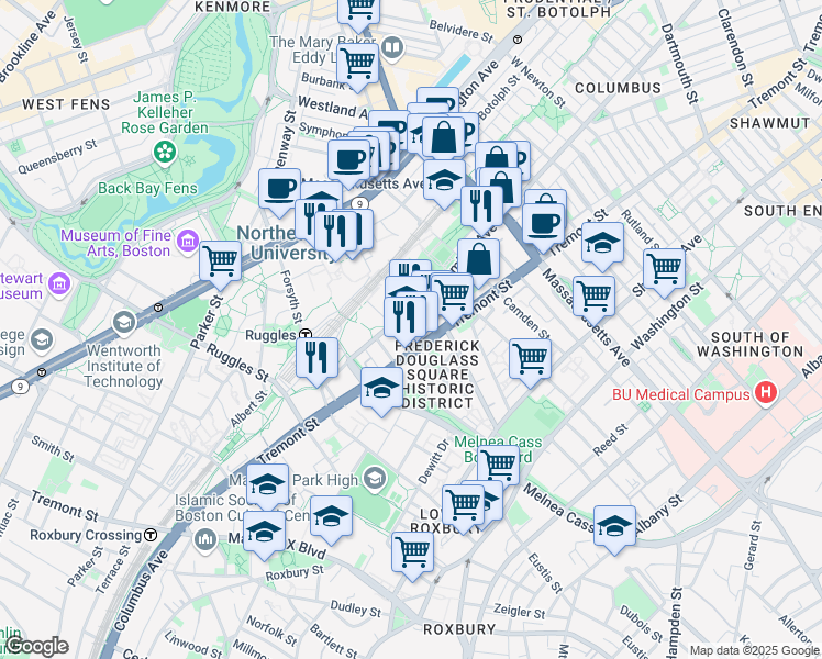 map of restaurants, bars, coffee shops, grocery stores, and more near 724 Columbus Avenue in Boston