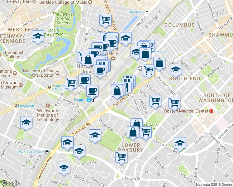 map of restaurants, bars, coffee shops, grocery stores, and more near in Boston