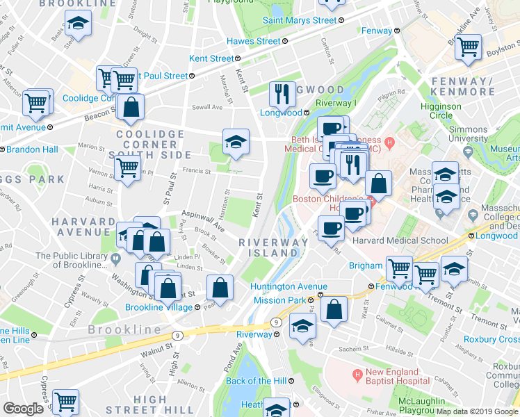 map of restaurants, bars, coffee shops, grocery stores, and more near 186 Kent Street in Brookline
