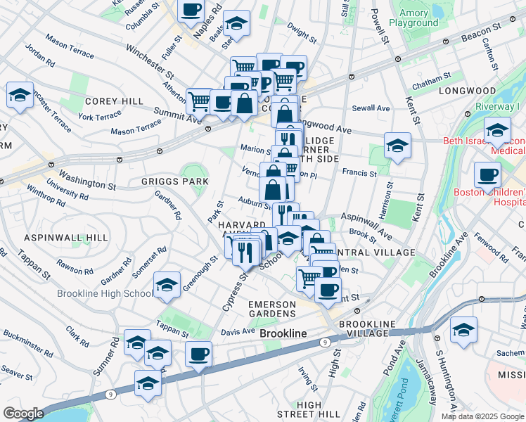 map of restaurants, bars, coffee shops, grocery stores, and more near 2 Washburn Place in Brookline