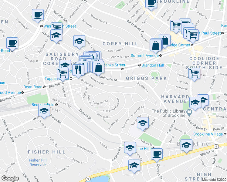 map of restaurants, bars, coffee shops, grocery stores, and more near 119 Winthrop Road in Brookline