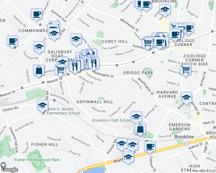 map of restaurants, bars, coffee shops, grocery stores, and more near 119 Winthrop Road in Brookline