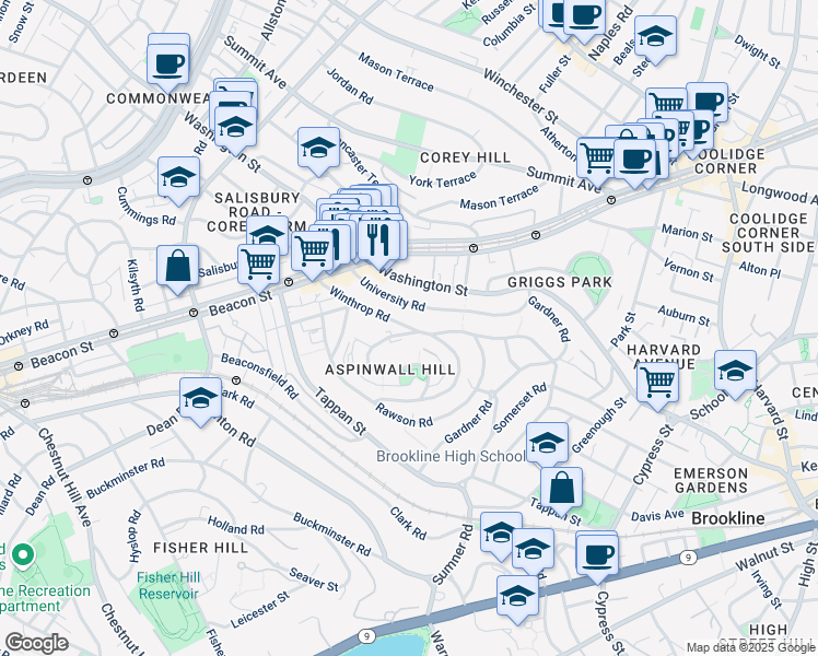 map of restaurants, bars, coffee shops, grocery stores, and more near 119 Winthrop Road in Brookline