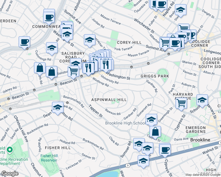 map of restaurants, bars, coffee shops, grocery stores, and more near 148 Winthrop Road in Brookline