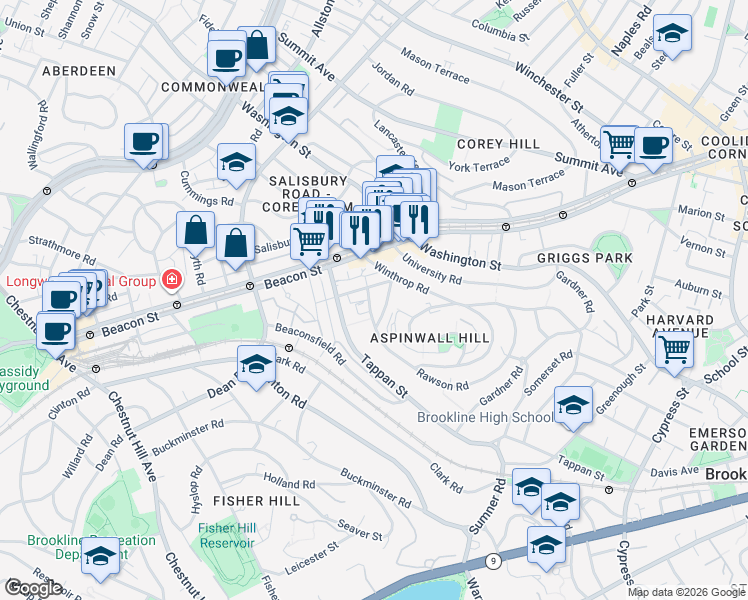 map of restaurants, bars, coffee shops, grocery stores, and more near 38 Garrison Road in Brookline
