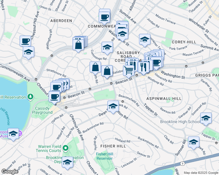 map of restaurants, bars, coffee shops, grocery stores, and more near 1763 Beacon Street in Brookline