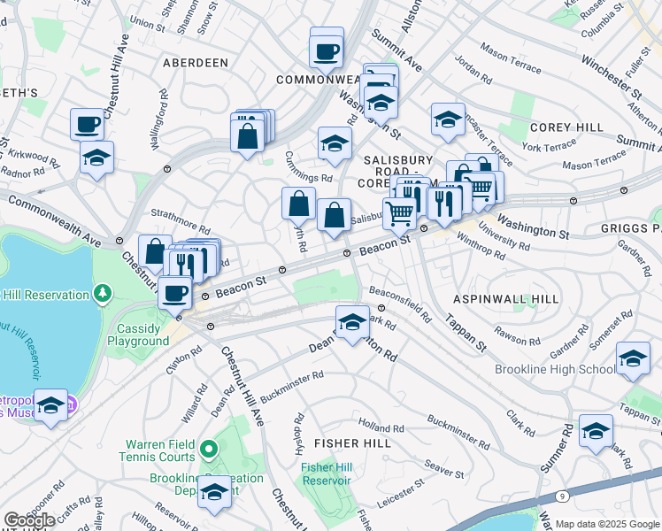 map of restaurants, bars, coffee shops, grocery stores, and more near 1804 Beacon Street in Brookline