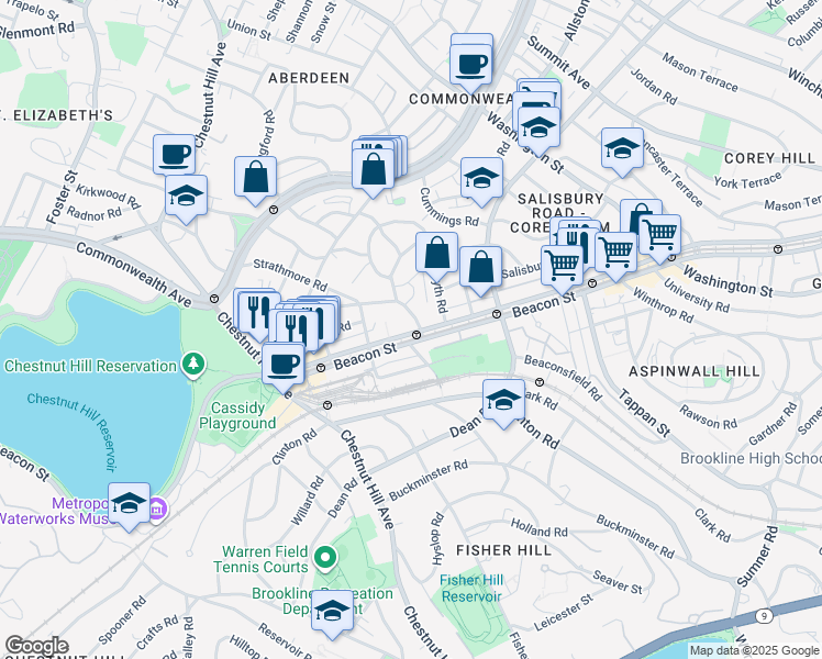 map of restaurants, bars, coffee shops, grocery stores, and more near in Brookline