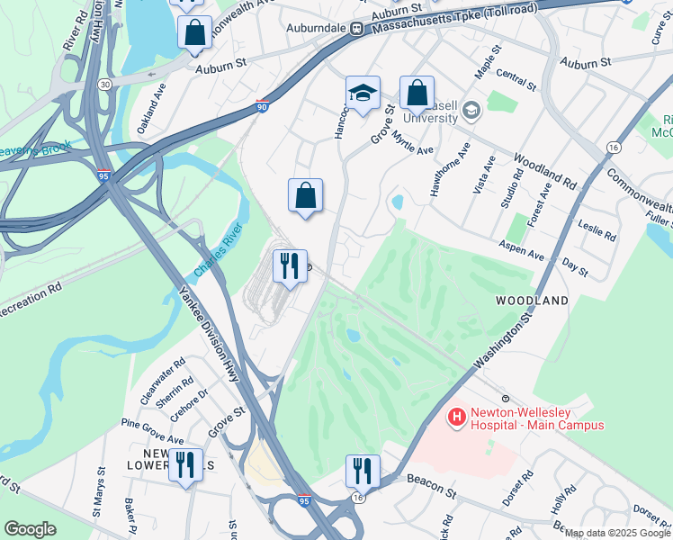 map of restaurants, bars, coffee shops, grocery stores, and more near 290 Grove Street in Newton