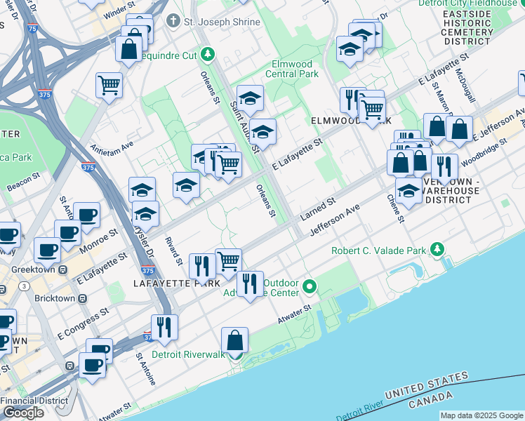 map of restaurants, bars, coffee shops, grocery stores, and more near 611 Orleans Street in Detroit