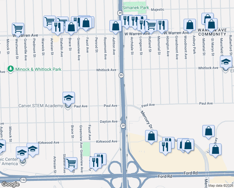 map of restaurants, bars, coffee shops, grocery stores, and more near 6397 Ashton Avenue in Detroit