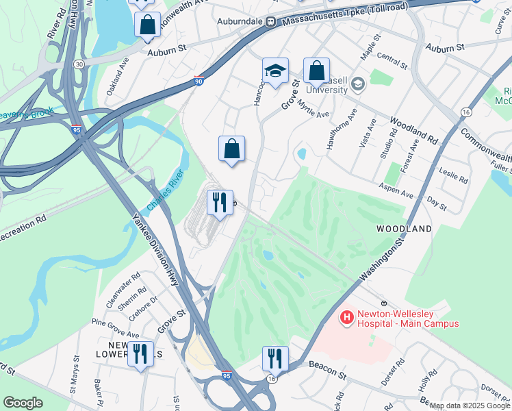 map of restaurants, bars, coffee shops, grocery stores, and more near 290 Grove Street in Newton
