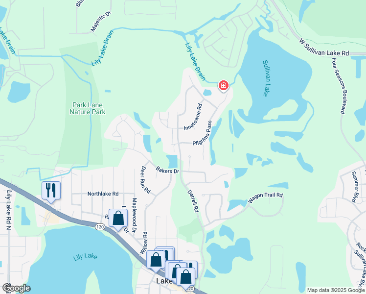 map of restaurants, bars, coffee shops, grocery stores, and more near 28983 Pilgrims Pass in Lakemoor