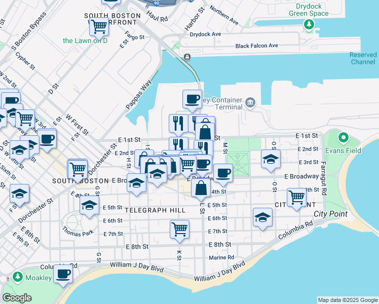 map of restaurants, bars, coffee shops, grocery stores, and more near 670 East 2nd Street in Boston