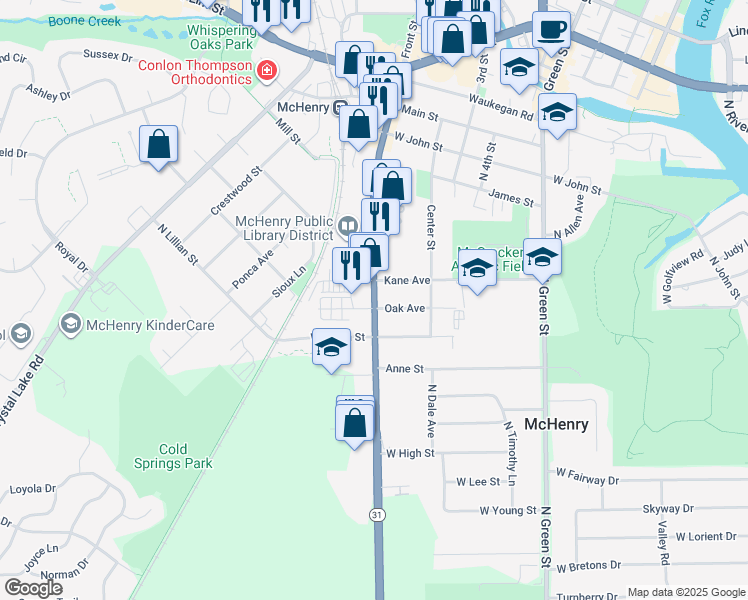 map of restaurants, bars, coffee shops, grocery stores, and more near 731 Front Street in McHenry