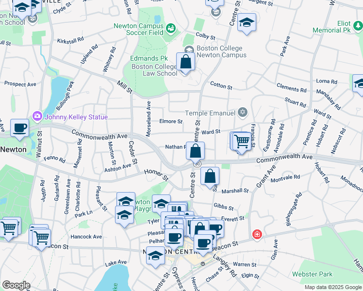 map of restaurants, bars, coffee shops, grocery stores, and more near 48 Nathan Road in Newton