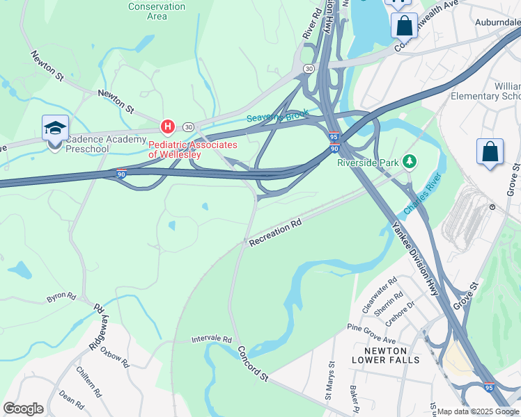 map of restaurants, bars, coffee shops, grocery stores, and more near 9 Riverside Road in Weston