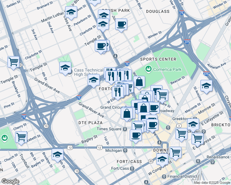 map of restaurants, bars, coffee shops, grocery stores, and more near 101 West Columbia Street in Detroit