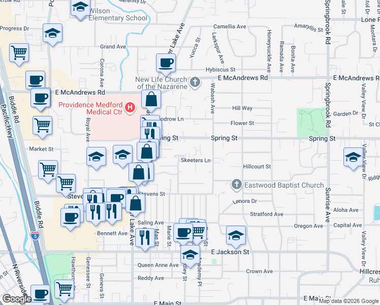 map of restaurants, bars, coffee shops, grocery stores, and more near 1173 Skeeters Lane in Medford