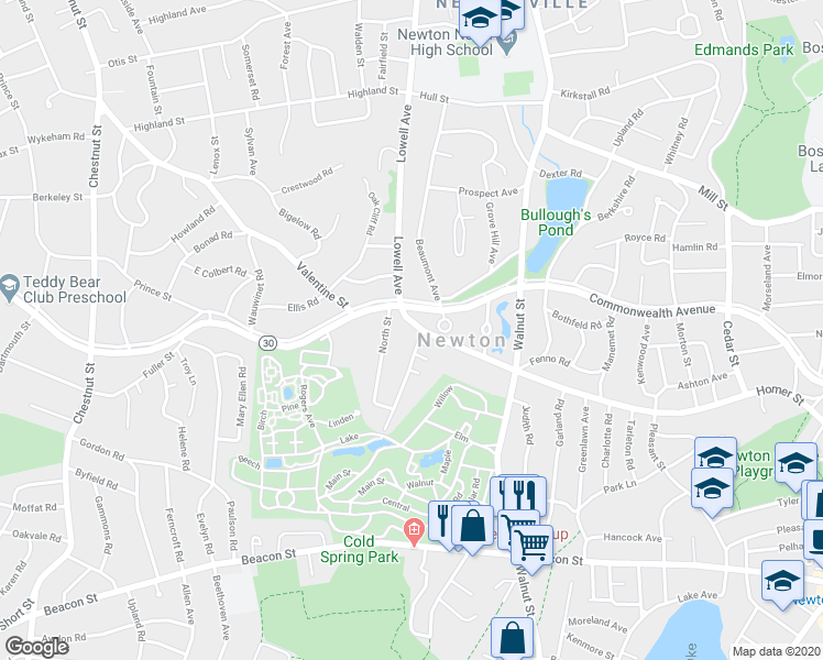 map of restaurants, bars, coffee shops, grocery stores, and more near 410 Homer Street in Newton