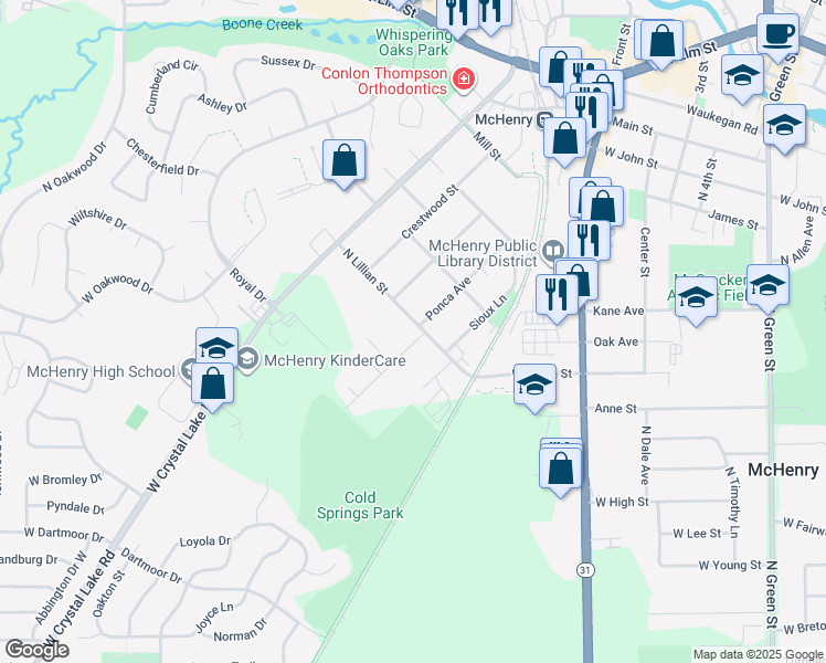 map of restaurants, bars, coffee shops, grocery stores, and more near 709 North Lillian Street in McHenry