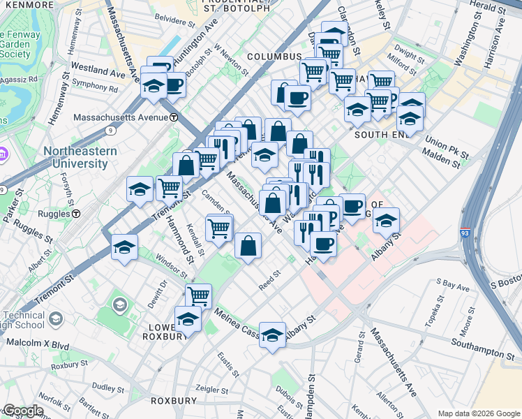 map of restaurants, bars, coffee shops, grocery stores, and more near Massachusetts Ave & Shawmut Ave in Boston