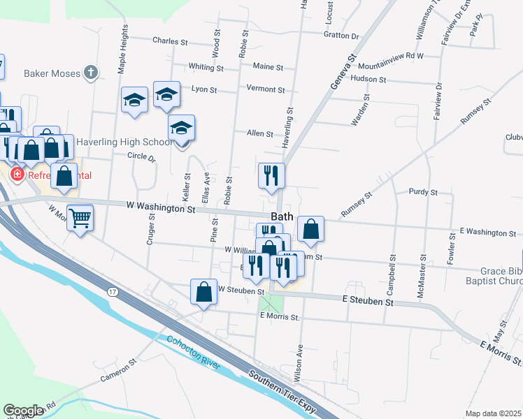 map of restaurants, bars, coffee shops, grocery stores, and more near 4 West Washington Street in Bath