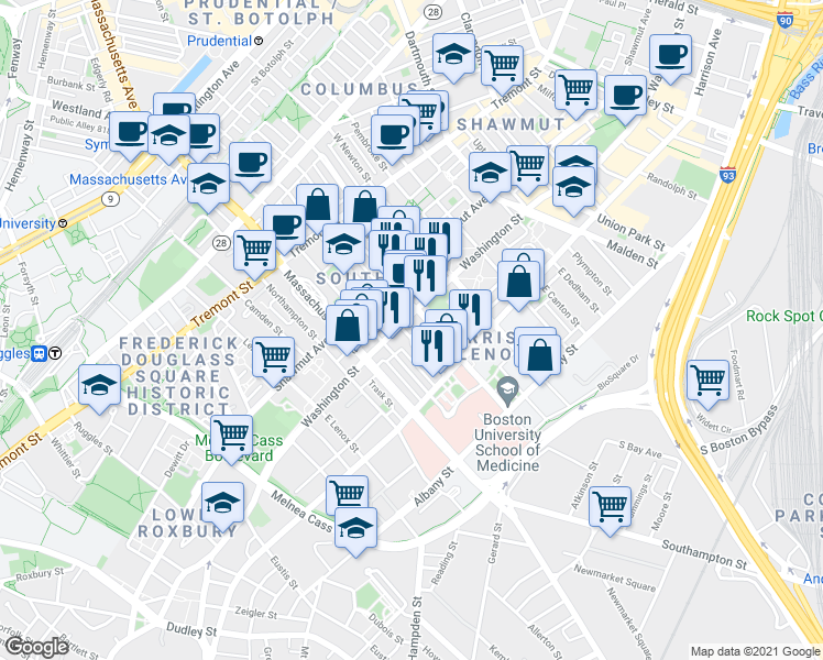 map of restaurants, bars, coffee shops, grocery stores, and more near 19 East Concord Street in Boston