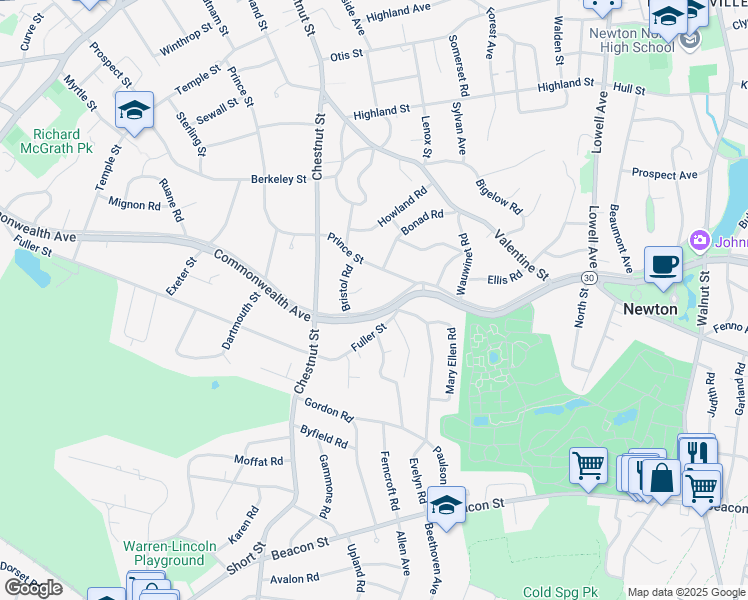 map of restaurants, bars, coffee shops, grocery stores, and more near 1325 Commonwealth Avenue in Newton