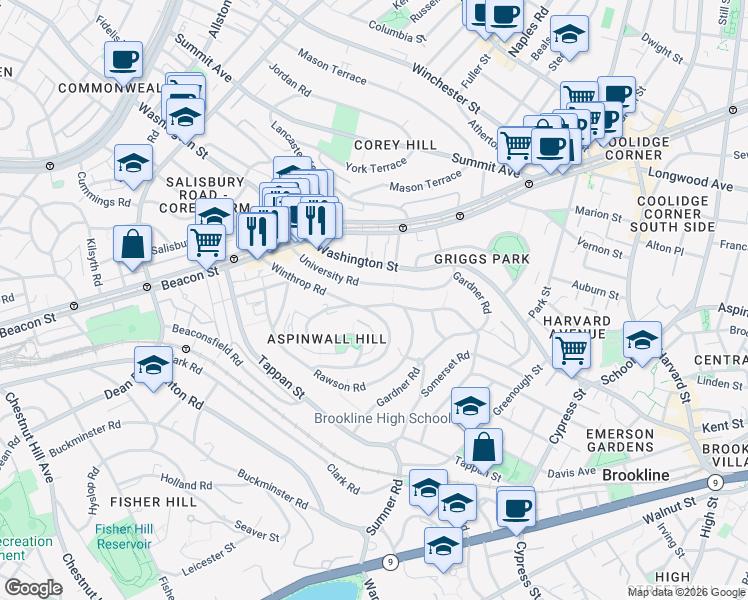 map of restaurants, bars, coffee shops, grocery stores, and more near 119 Winthrop Road in Brookline