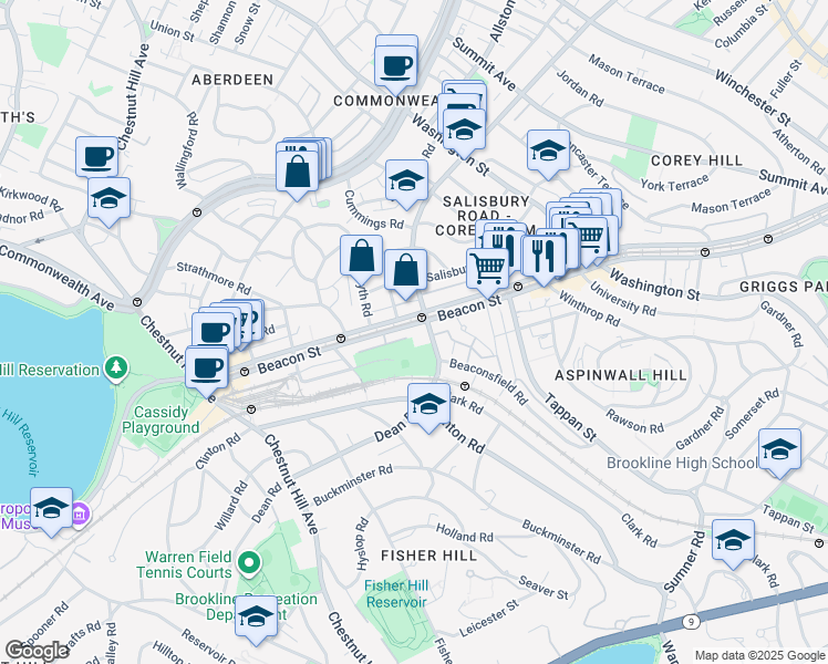 map of restaurants, bars, coffee shops, grocery stores, and more near 1763 Beacon Street in Brookline