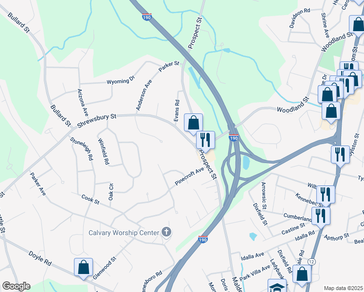 map of restaurants, bars, coffee shops, grocery stores, and more near 241 Woodland Street in West Boylston