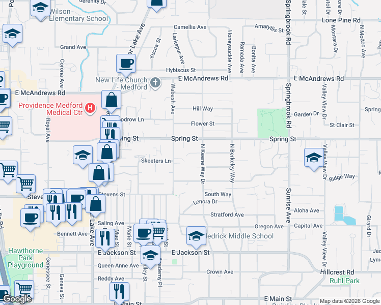 map of restaurants, bars, coffee shops, grocery stores, and more near 1334 Lawnridge Street in Medford