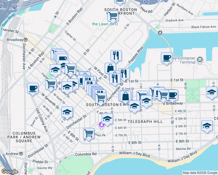 map of restaurants, bars, coffee shops, grocery stores, and more near 103 Dresser Street in Boston