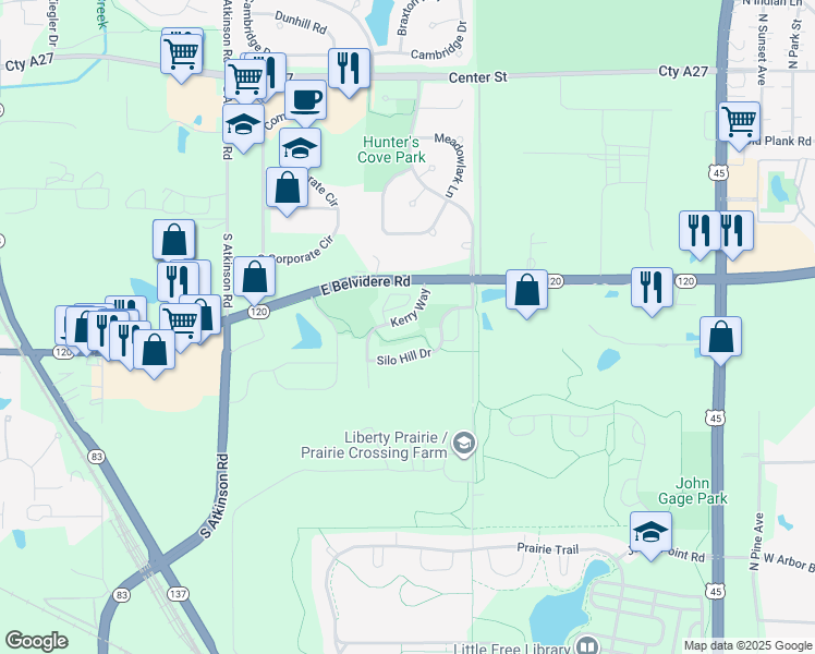 map of restaurants, bars, coffee shops, grocery stores, and more near 361 Kerry Way in Grayslake