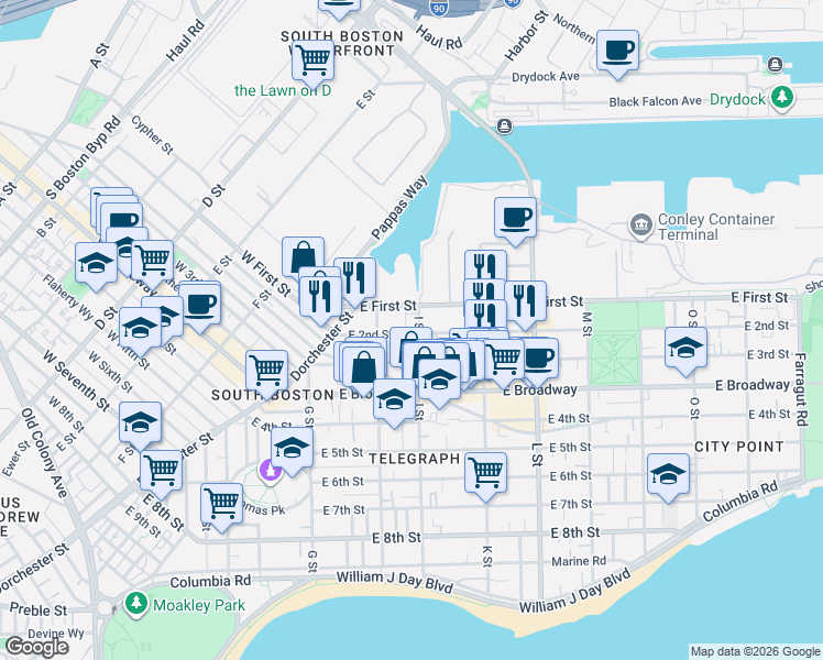 map of restaurants, bars, coffee shops, grocery stores, and more near 17 I Street in Boston