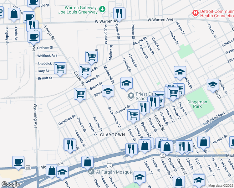 map of restaurants, bars, coffee shops, grocery stores, and more near 5915 Lumley Street in Detroit