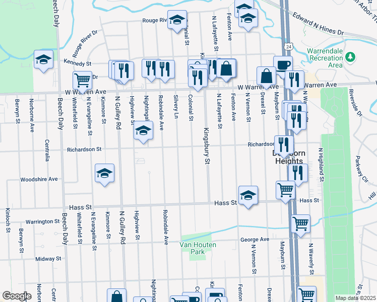 map of restaurants, bars, coffee shops, grocery stores, and more near 6643 Colonial Street in Dearborn Heights