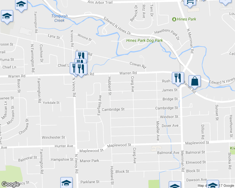 map of restaurants, bars, coffee shops, grocery stores, and more near 32249 James Street in Garden City