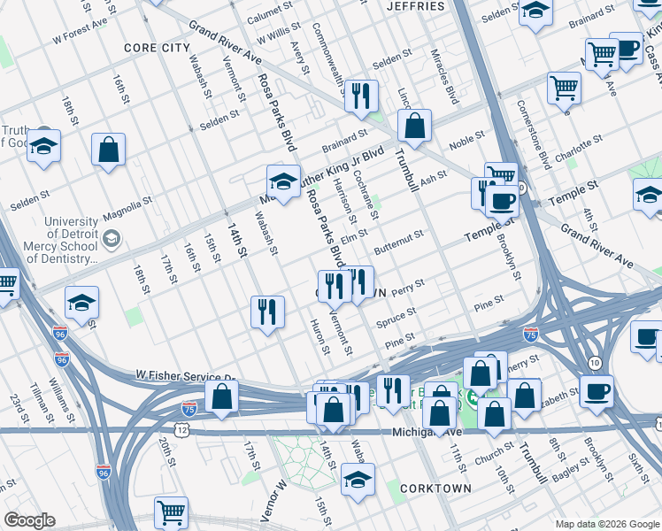 map of restaurants, bars, coffee shops, grocery stores, and more near 2983 Rosa Parks Boulevard in Detroit