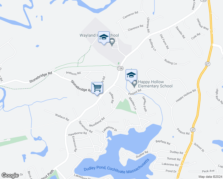 map of restaurants, bars, coffee shops, grocery stores, and more near 303 Old Connecticut Path in Wayland