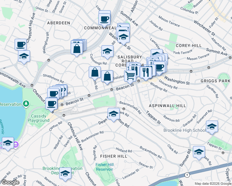 map of restaurants, bars, coffee shops, grocery stores, and more near 1763 Beacon Street in Brookline