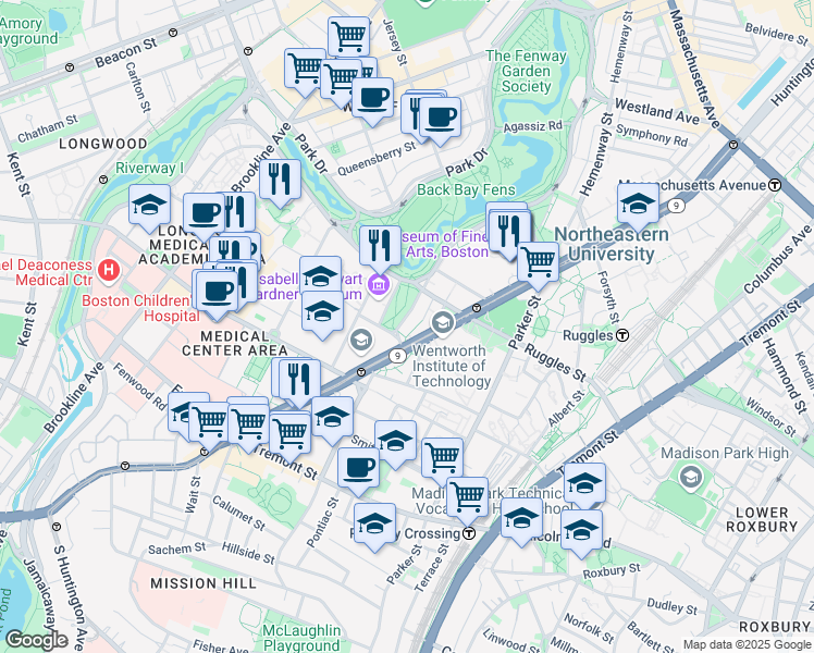 map of restaurants, bars, coffee shops, grocery stores, and more near 30 Evans Way in Boston