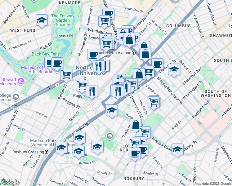 map of restaurants, bars, coffee shops, grocery stores, and more near in Boston