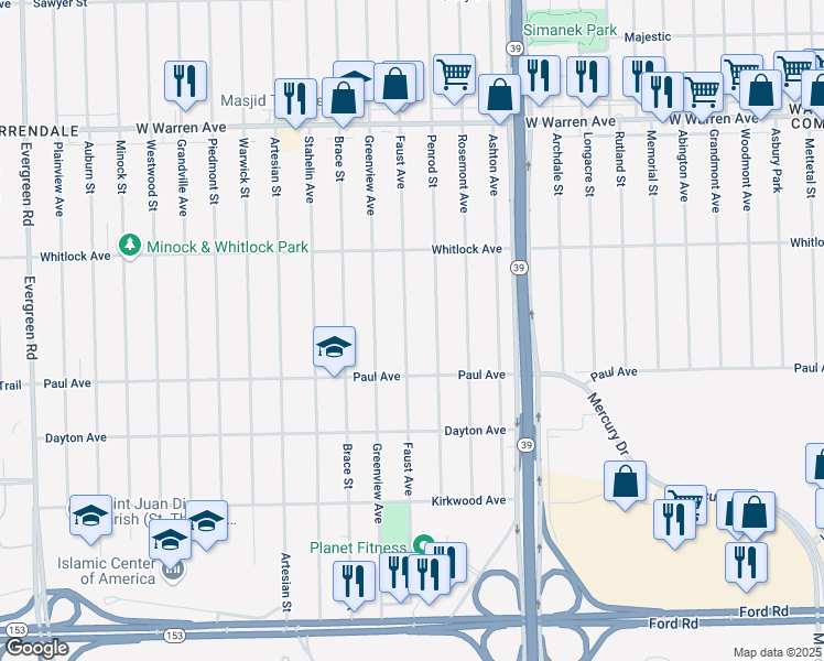 map of restaurants, bars, coffee shops, grocery stores, and more near 6390 Faust Avenue in Detroit
