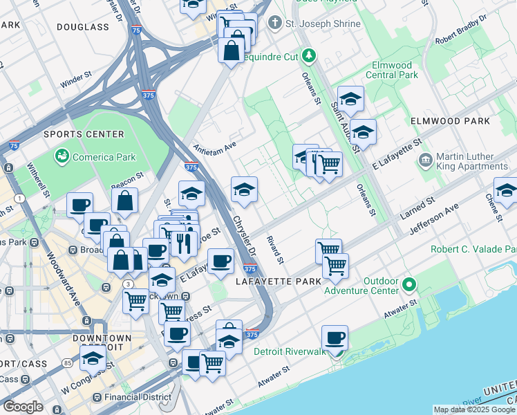 map of restaurants, bars, coffee shops, grocery stores, and more near 1311 Joliet Pl in Detroit